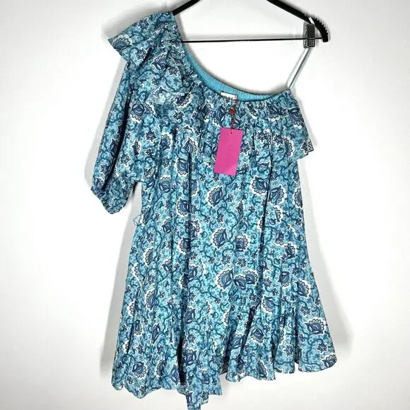NEW RHODE Sz XS Ozzie Mini Dress One Shoulder Aqua Lotus Floral - Picture 3 of 10